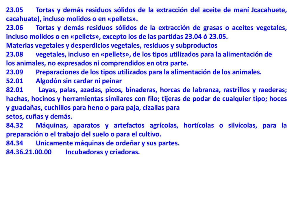 23.05 Tortas y demás residuos sólidos de la extracción del aceite de maní Jcacahuete, cacahuate), incluso molidos o en «pellets».
