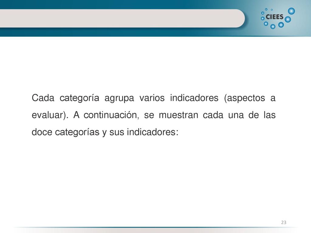 Cada categoría agrupa varios indicadores (aspectos a evaluar).