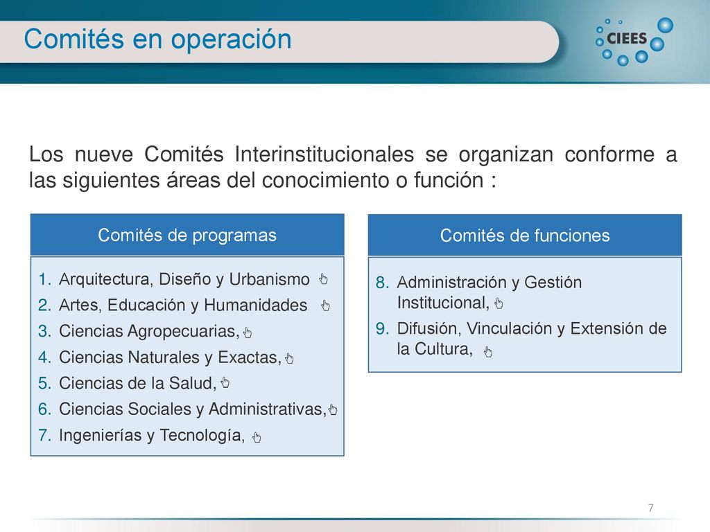 Comités en operación Los nueve Comités Interinstitucionales se organizan conforme a las siguientes áreas del conocimiento o función :