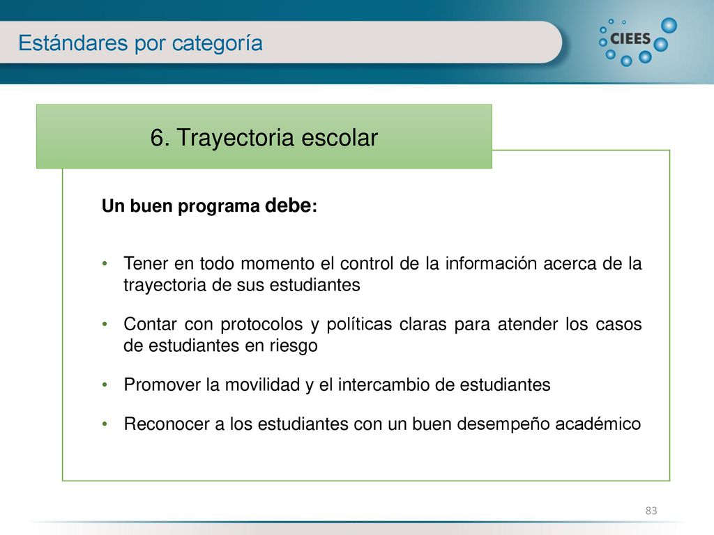6. Trayectoria escolar Estándares por categoría Un buen programa debe: