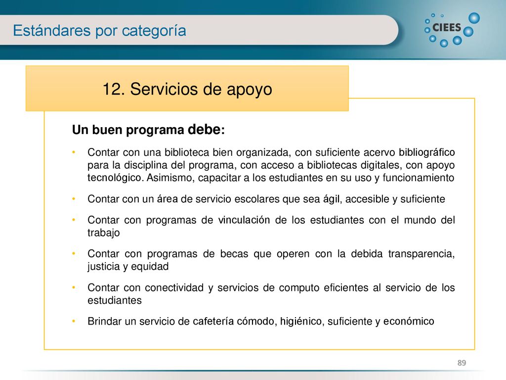 12. Servicios de apoyo Estándares por categoría Un buen programa debe: