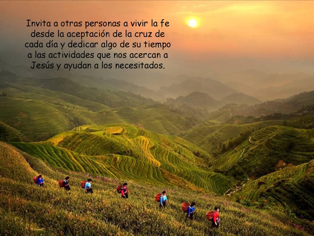 Invita a otras personas a vivir la fe desde la aceptación de la cruz de cada día y dedicar algo de su tiempo a las actividades que nos acercan a Jesús y ayudan a los necesitados.