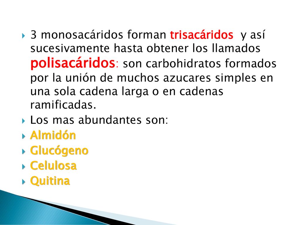 3 monosacáridos forman trisacáridos y así sucesivamente hasta obtener los llamados polisacáridos: son carbohidratos formados por la unión de muchos azucares simples en una sola cadena larga o en cadenas ramificadas.