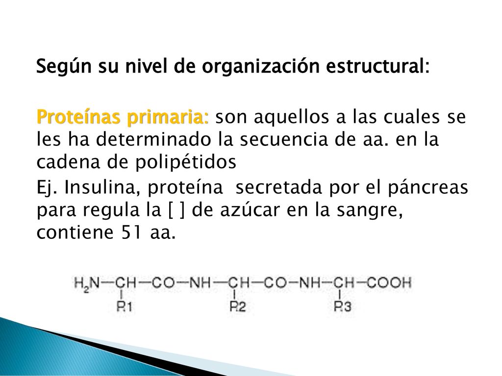 Según su nivel de organización estructural: Proteínas primaria: son aquellos a las cuales se les ha determinado la secuencia de aa.