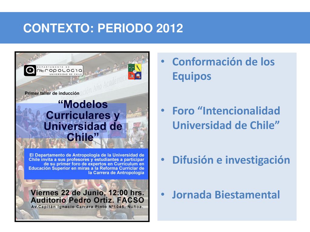 CONTEXTO: PERIODO 2012 Conformación de los Equipos. Foro Intencionalidad Universidad de Chile Difusión e investigación.