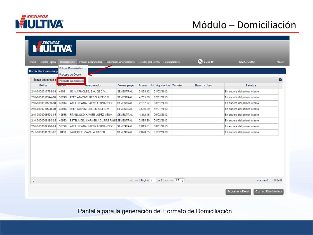 Pantalla para la generación del Formato de Domiciliación.