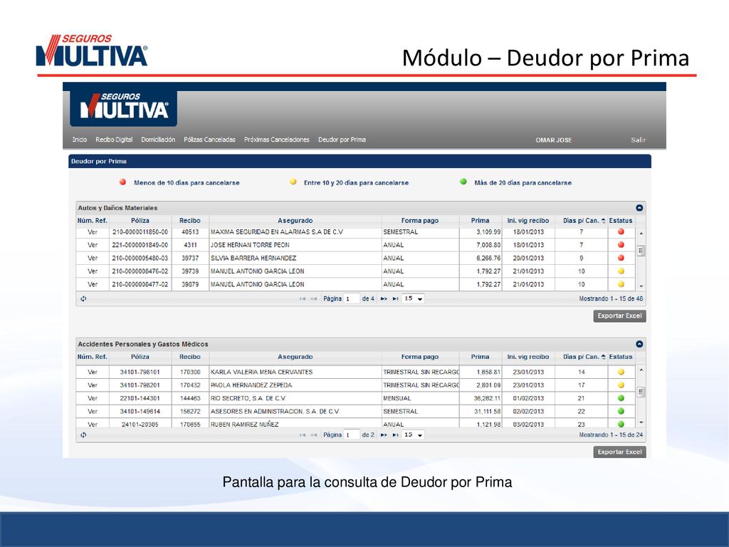 Pantalla para la consulta de Deudor por Prima