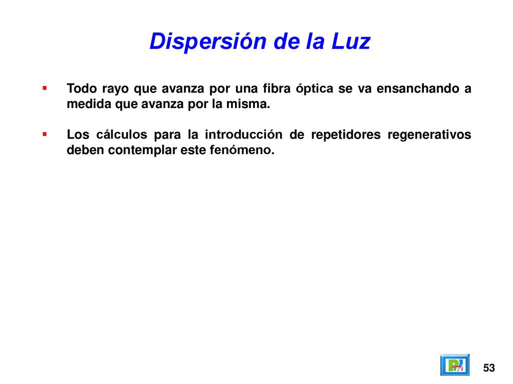 Dispersión de la Luz Todo rayo que avanza por una fibra óptica se va ensanchando a medida que avanza por la misma.