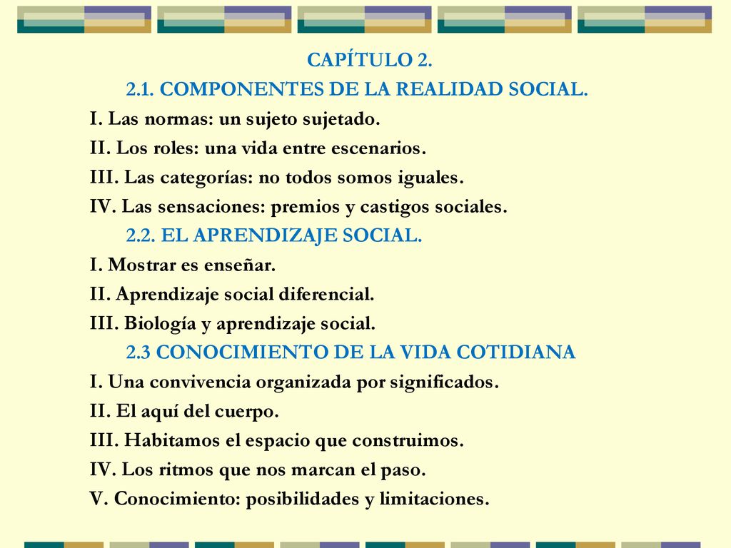 CAPÍTULO COMPONENTES DE LA REALIDAD SOCIAL. I. Las normas: un sujeto sujetado. II. Los roles: una vida entre escenarios.