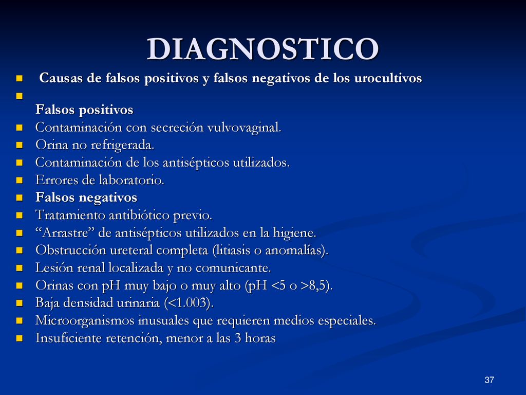 DIAGNOSTICO Causas de falsos positivos y falsos negativos de los urocultivos. Falsos positivos. Contaminación con secreción vulvovaginal.