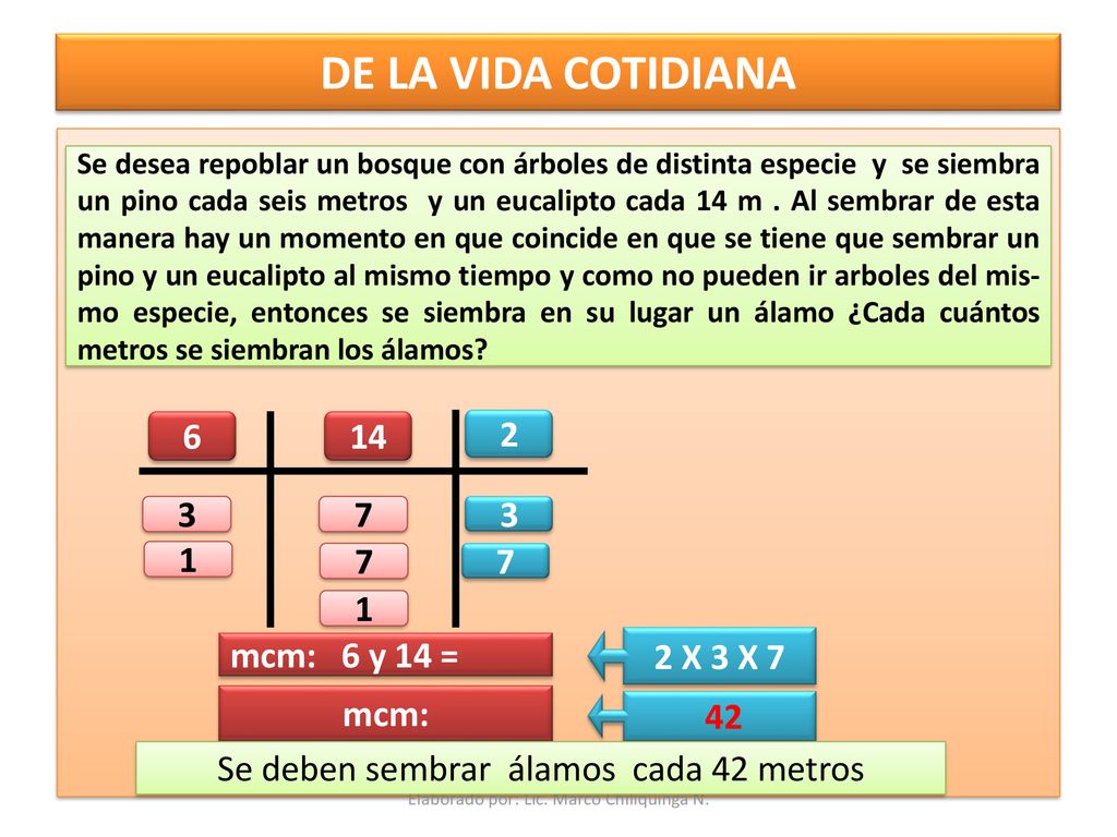 DE LA VIDA COTIDIANA mcm: 6 y 14 = 2 X 3 X 7