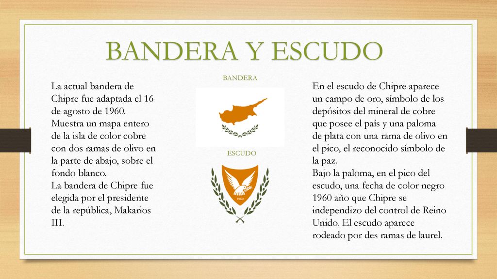 BANDERA Y ESCUDO BANDERA. La actual bandera de Chipre fue adaptada el 16 de agosto de