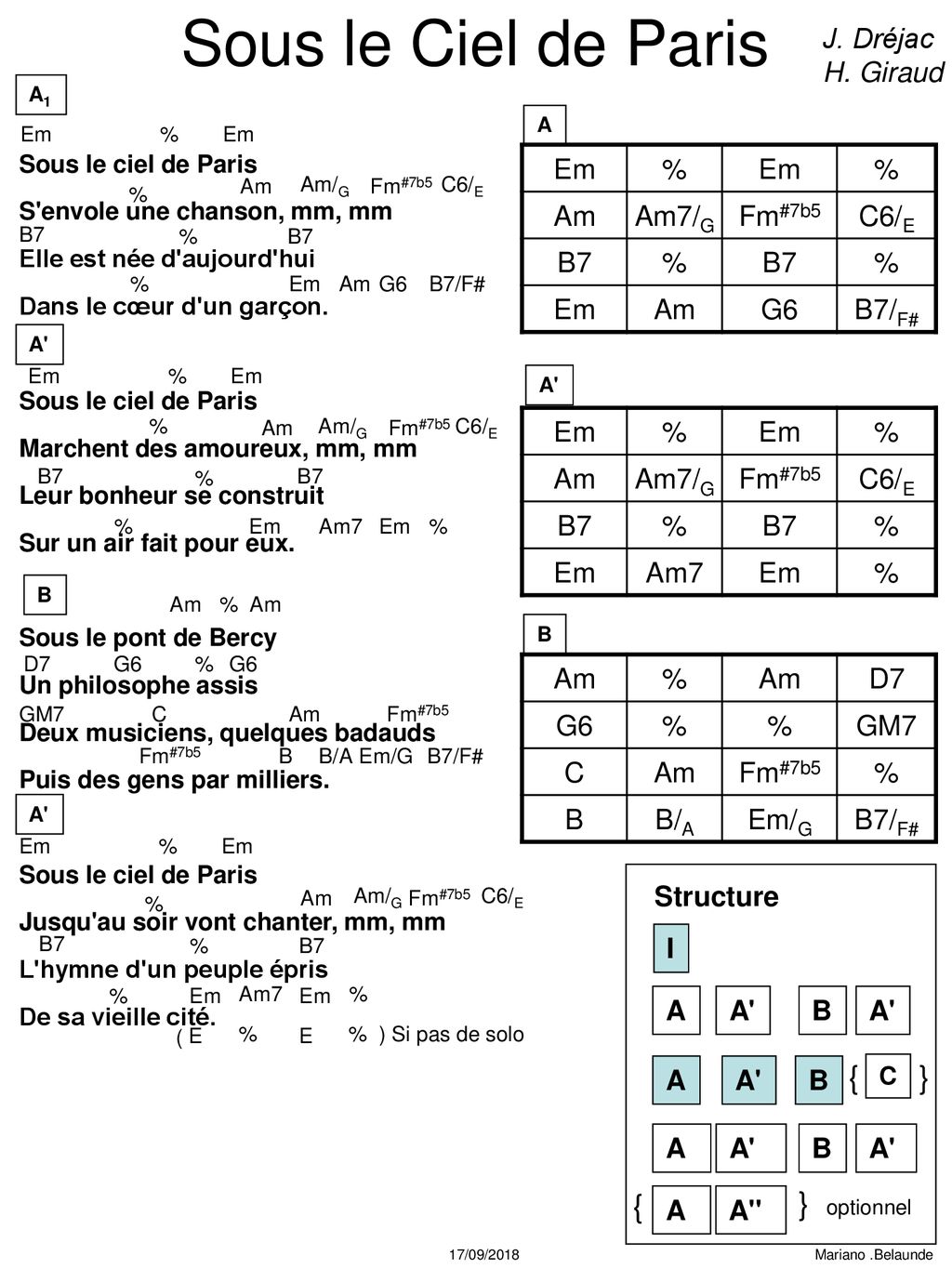 Sous le Ciel de Paris { } { } J. Dréjac H. Giraud Em % Am Am7/G Fm#7b5