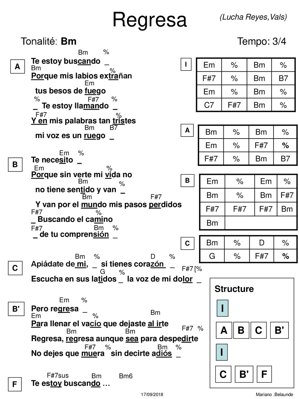 Regresa Tonalité: Bm Tempo: 3/4 I A B C B F Structure
