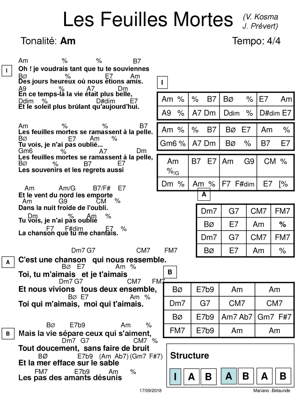 Les Feuilles Mortes Tonalité: Am Tempo: 4/4 I A B A B A B Structure