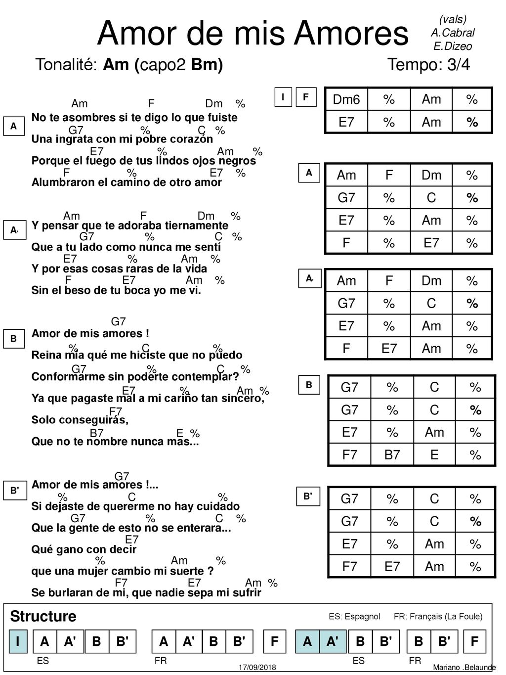 Amor de mis Amores Tonalité: Am (capo2 Bm) Tempo: 3/4 Structure Dm6 %