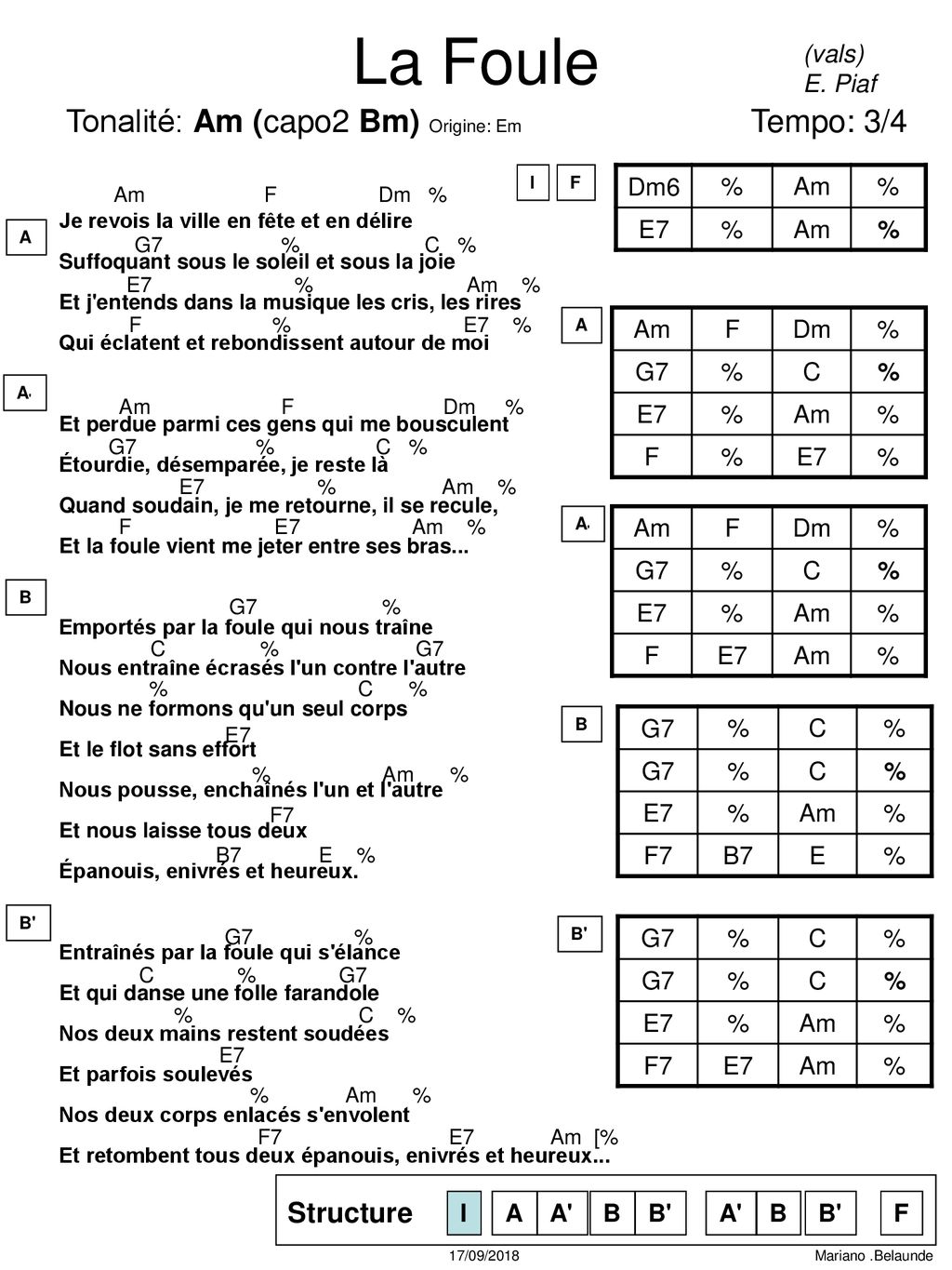 La Foule Tonalité: Am (capo2 Bm) Origine: Em Tempo: 3/4 Structure