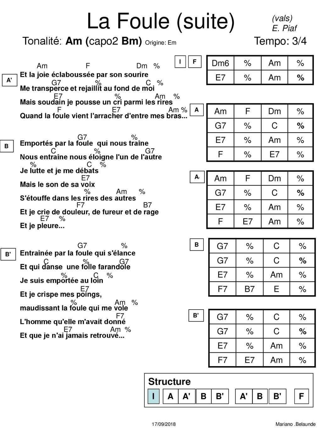 La Foule (suite) Tonalité: Am (capo2 Bm) Origine: Em Tempo: 3/4