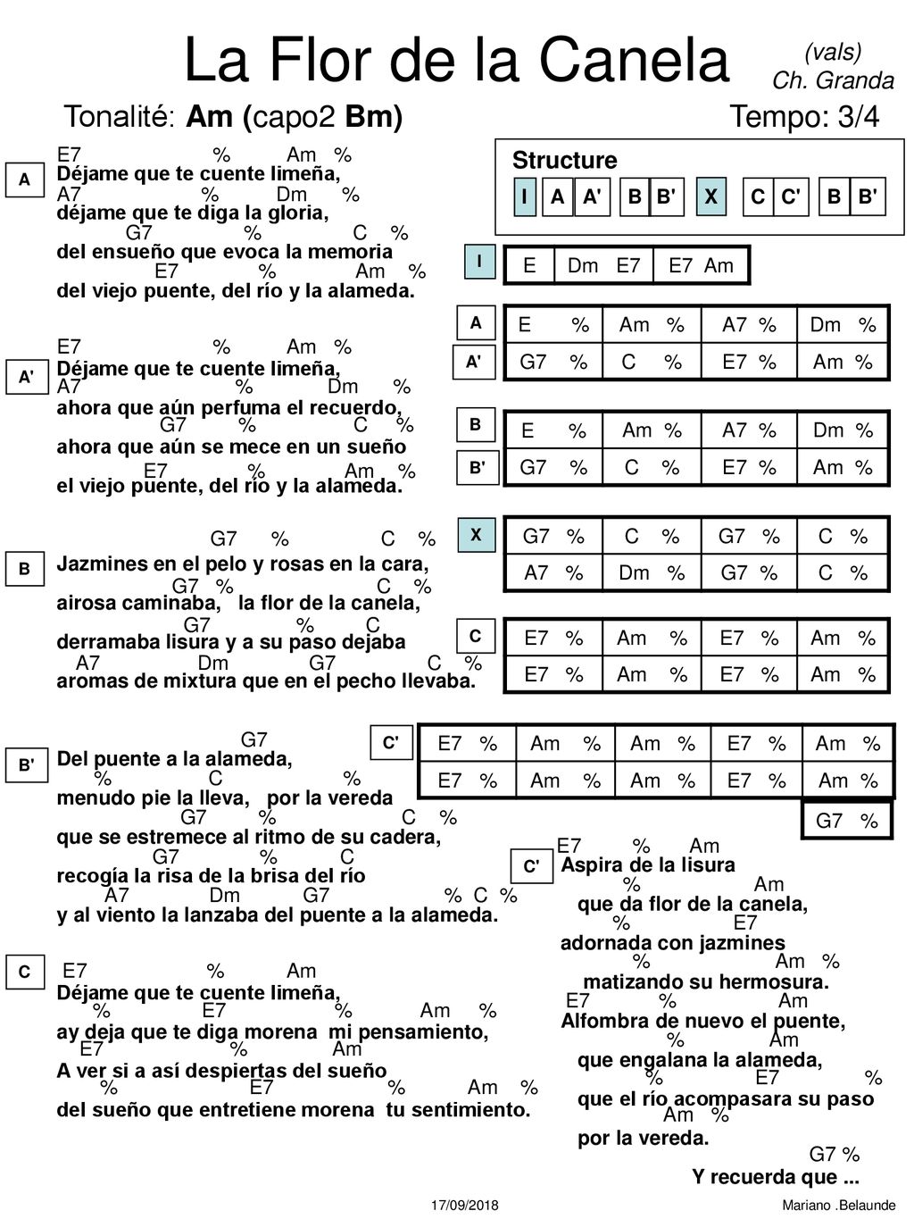 La Flor de la Canela Tonalité: Am (capo2 Bm) Tempo: 3/4 (vals)