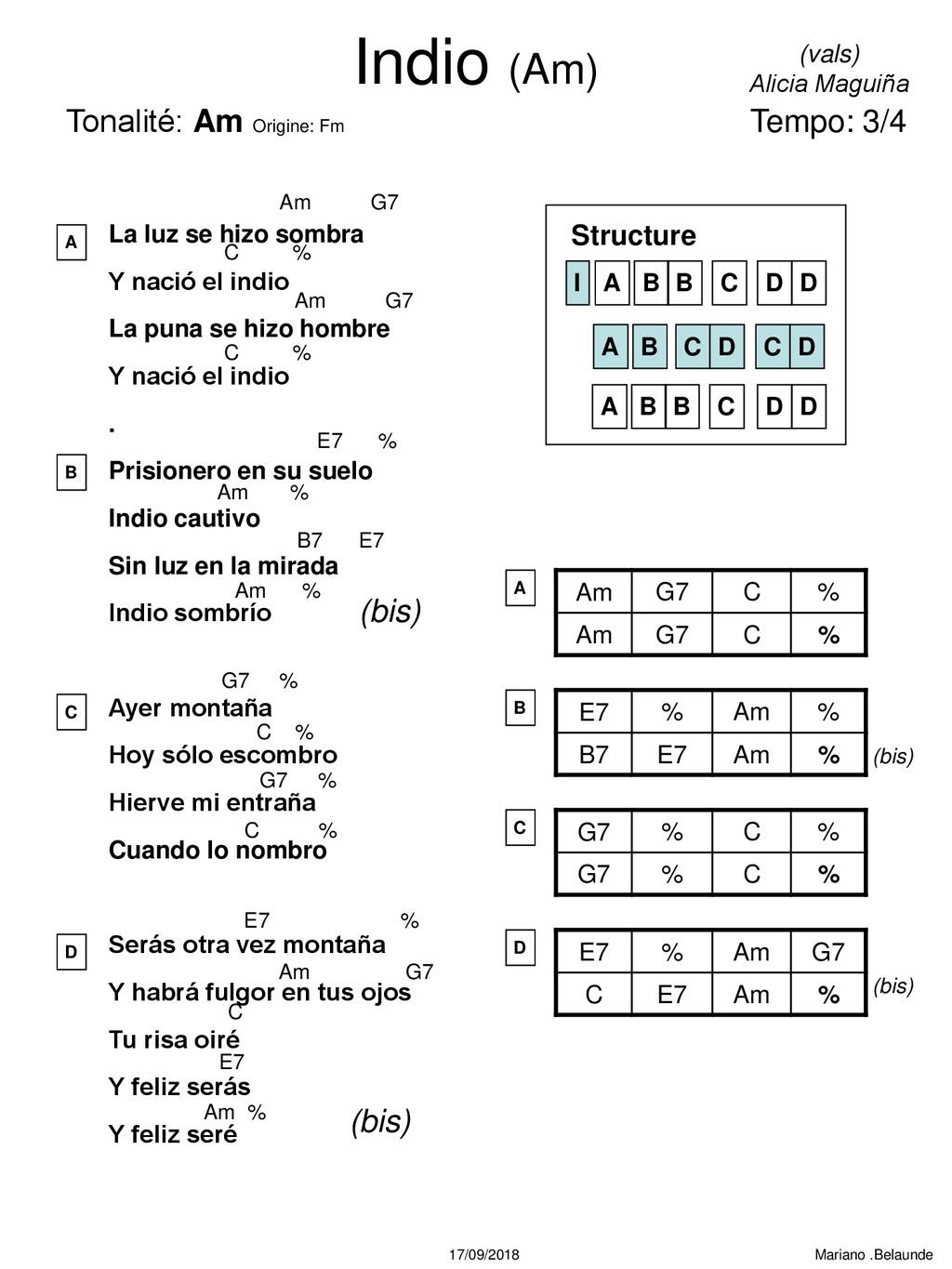 Indio (Am) Tonalité: Am Origine: Fm Tempo: 3/4 (bis) (bis) Structure