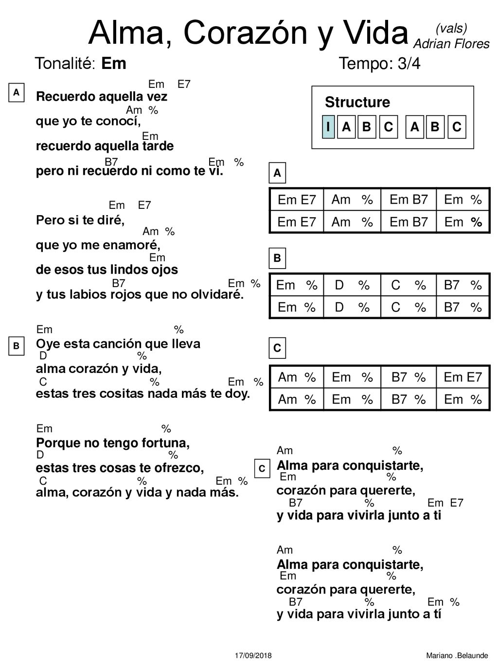 Alma, Corazón y Vida Tonalité: Em Tempo: 3/4 Structure (vals)