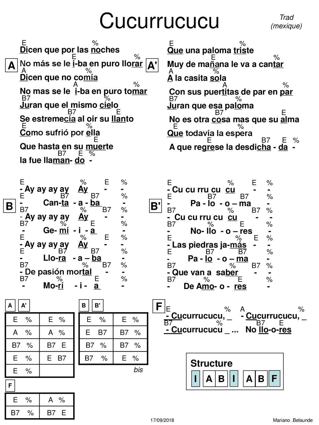 Cucurrucucu A A B B F Structure I A B F Dicen que por las noches