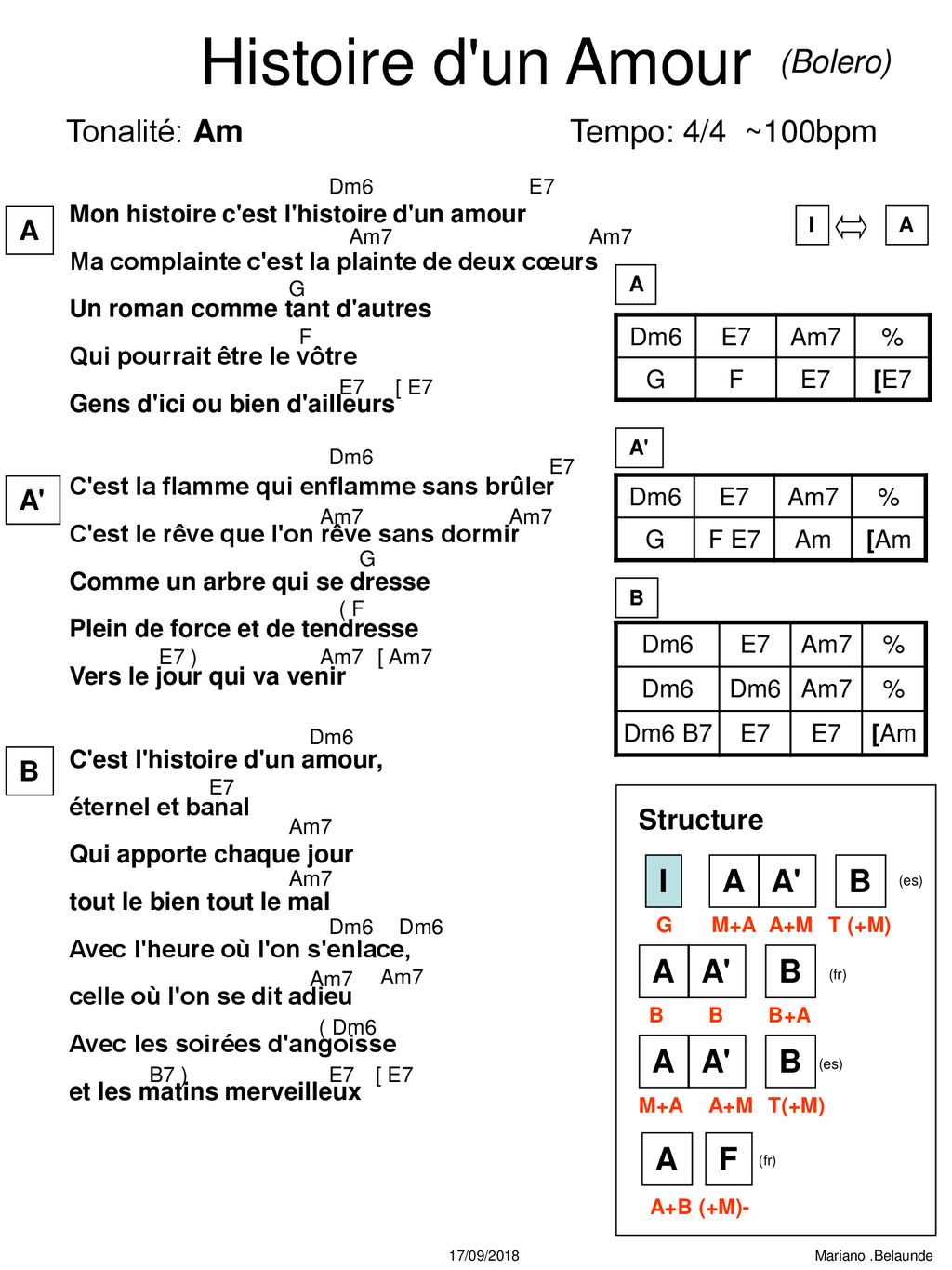 Histoire d un Amour (Bolero) Tonalité: Am Tempo: 4/4 ~100bpm I A A B