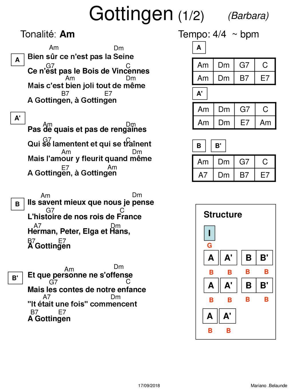 Gottingen (1/2) (Barbara) Tonalité: Am Tempo: 4/4 ~ bpm Structure I A