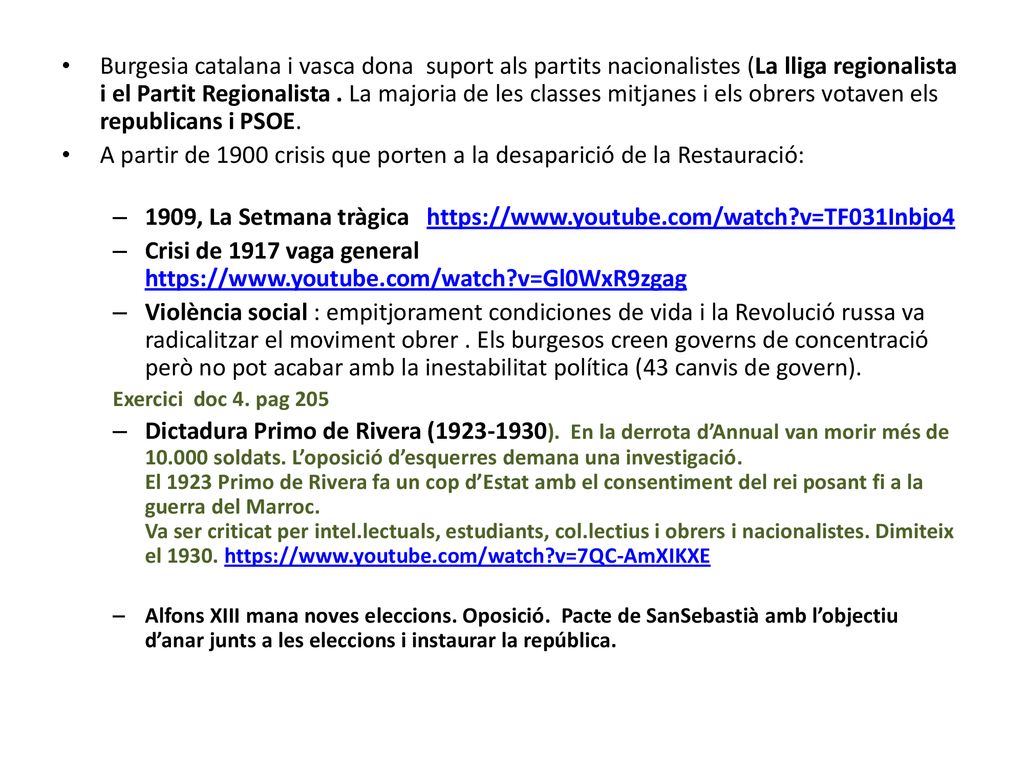 A partir de 1900 crisis que porten a la desaparició de la Restauració: