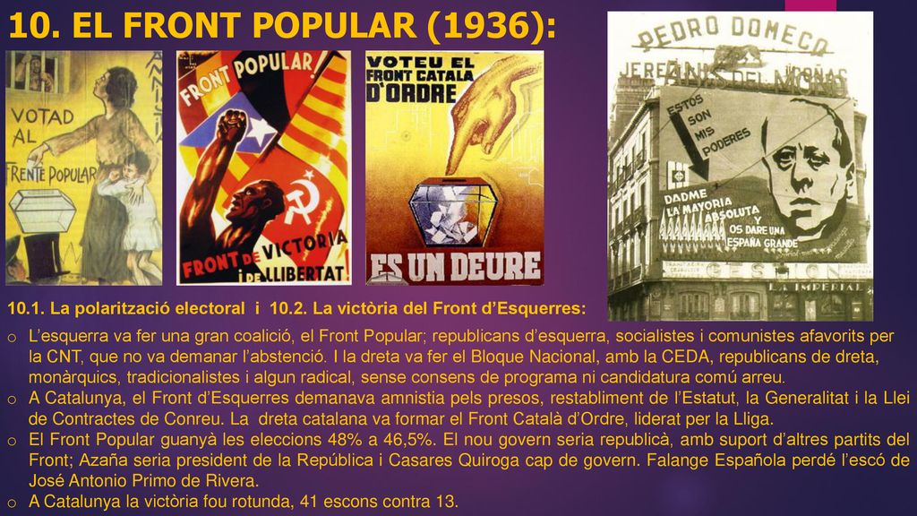 10. El Front Popular (1936): La polarització electoral i La victòria del Front d’Esquerres: