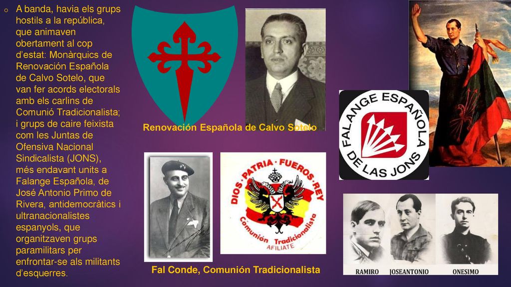 A banda, havia els grups hostils a la república, que animaven obertament al cop d’estat: Monàrquics de Renovación Española de Calvo Sotelo, que van fer acords electorals amb els carlins de Comunió Tradicionalista; i grups de caire feixista com les Juntas de Ofensiva Nacional Sindicalista (JONS), més endavant units a Falange Española, de José Antonio Primo de Rivera, antidemocràtics i ultranacionalistes espanyols, que organitzaven grups paramilitars per enfrontar-se als militants d’esquerres.