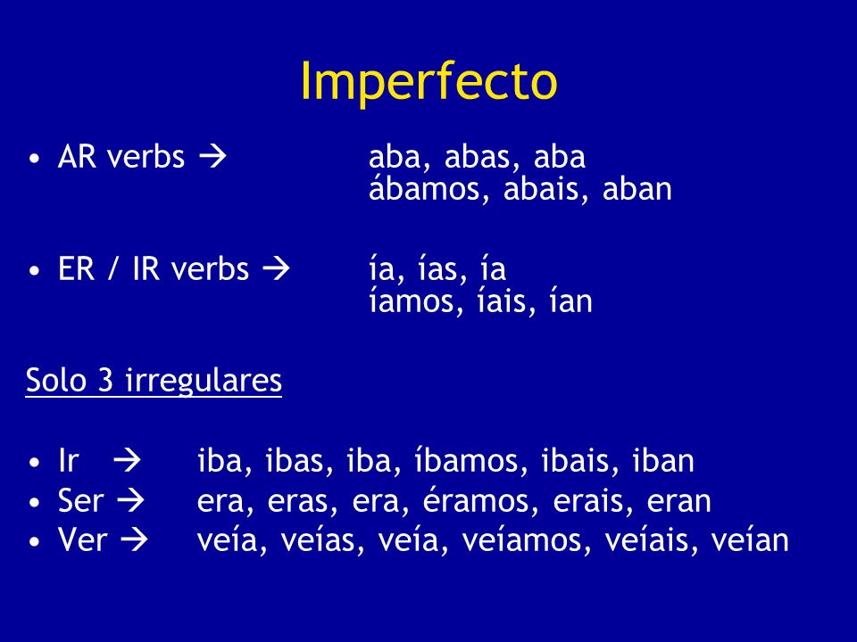 Imperfecto AR verbs  aba, abas, aba ábamos, abais, aban