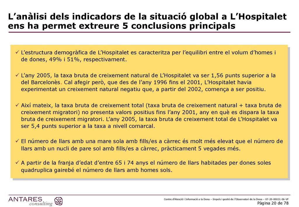 L’anàlisi dels indicadors de la situació global a L’Hospitalet ens ha permet extreure 5 conclusions principals