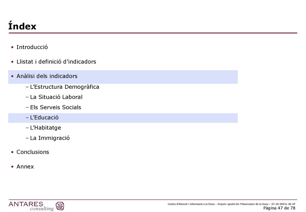 Índex Introducció Llistat i definició d’indicadors