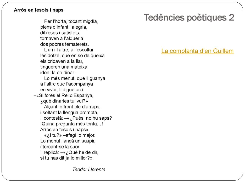 Tedències poètiques 2 La complanta d’en Guillem Arròs en fesols i naps