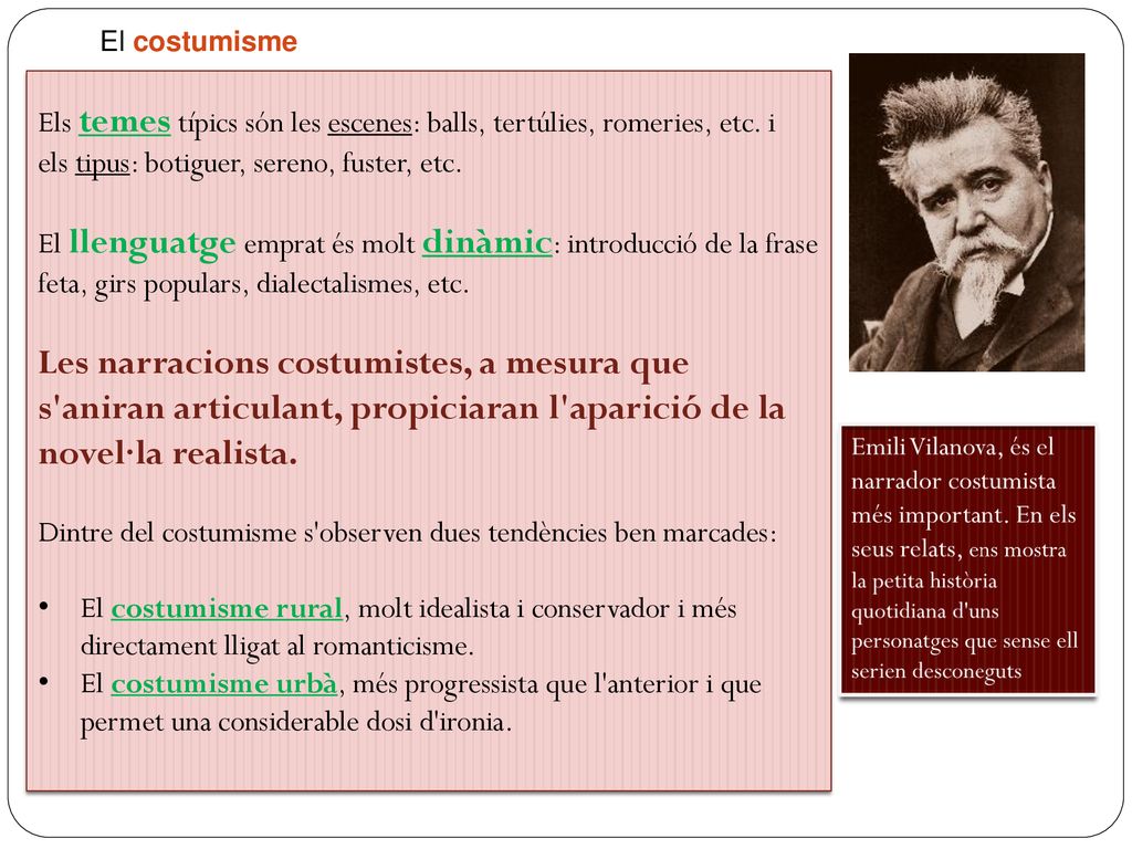 El costumisme Els temes típics són les escenes: balls, tertúlies, romeries, etc. i els tipus: botiguer, sereno, fuster, etc.