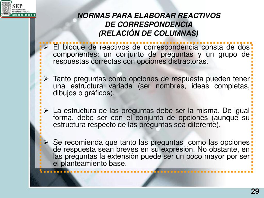 NORMAS PARA ELABORAR REACTIVOS DE CORRESPONDENCIA (RELACIÓN DE COLUMNAS)
