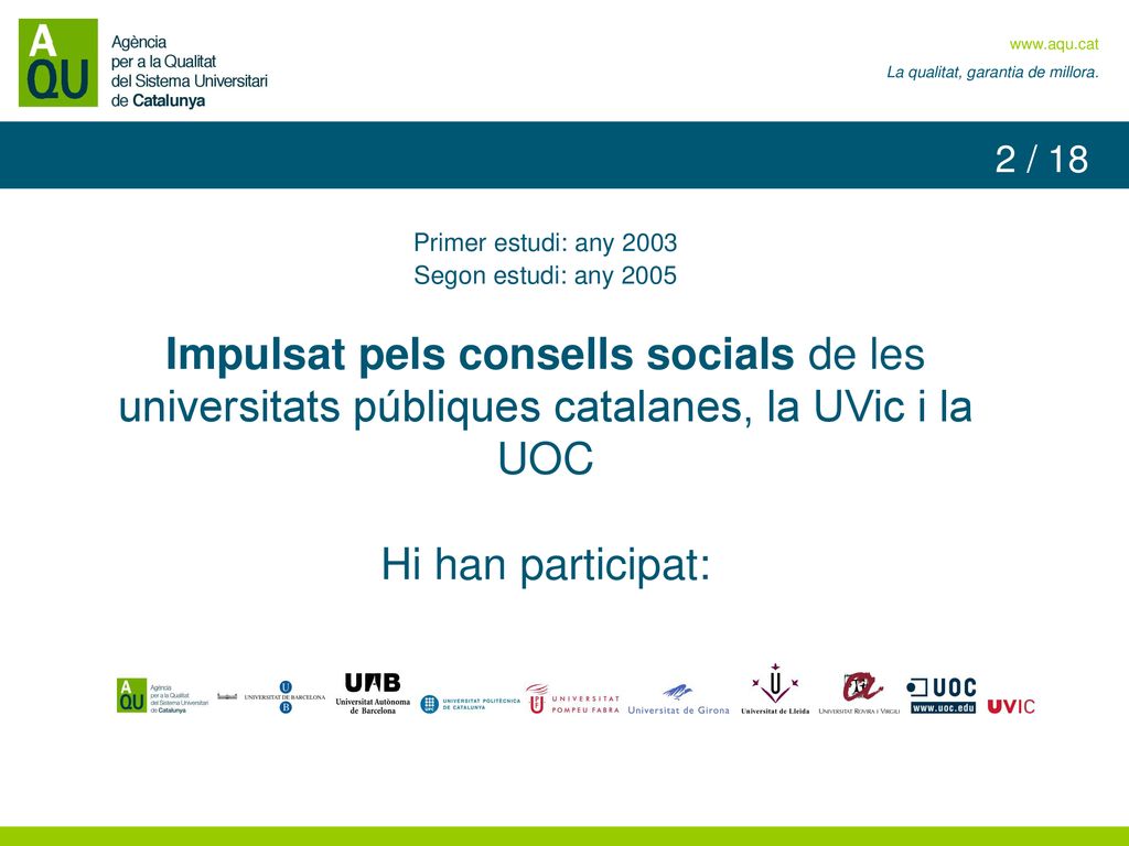 2 / 18 Primer estudi: any Segon estudi: any Impulsat pels consells socials de les universitats públiques catalanes, la UVic i la UOC.