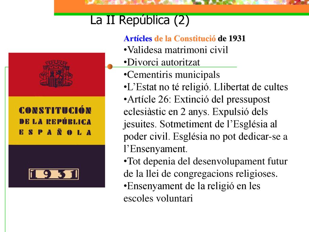 La II República (2) Validesa matrimoni civil Divorci autoritzat