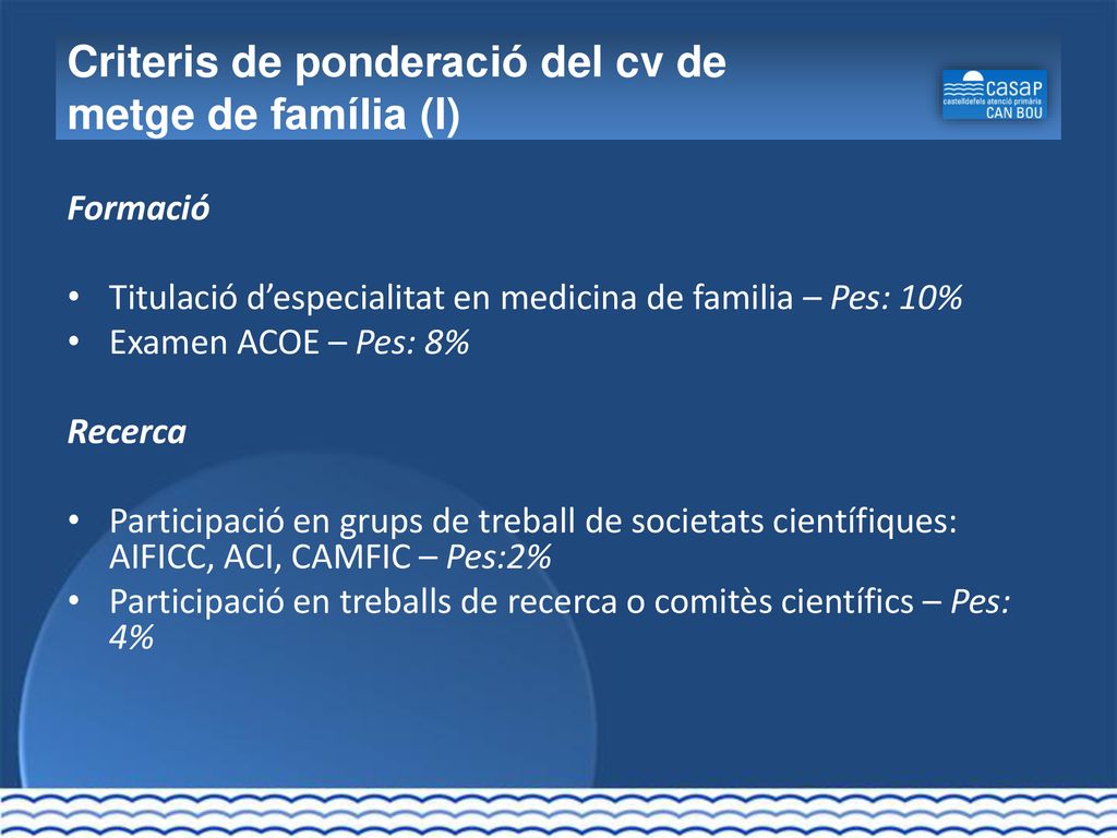 Criteris de ponderació del cv de metge de família (I)