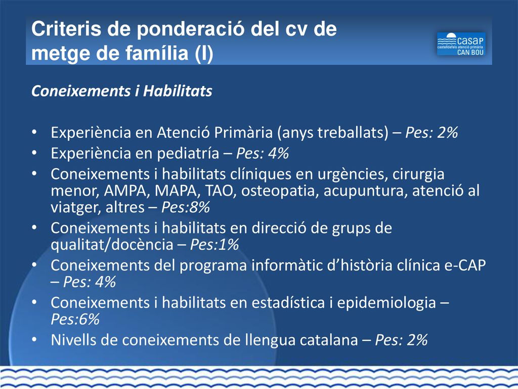 Criteris de ponderació del cv de metge de família (I)