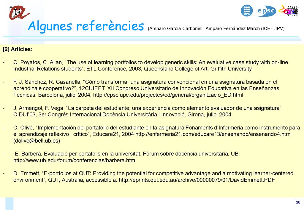Algunes referències (Amparo García Carbonell i Amparo Fernández March (ICE- UPV)