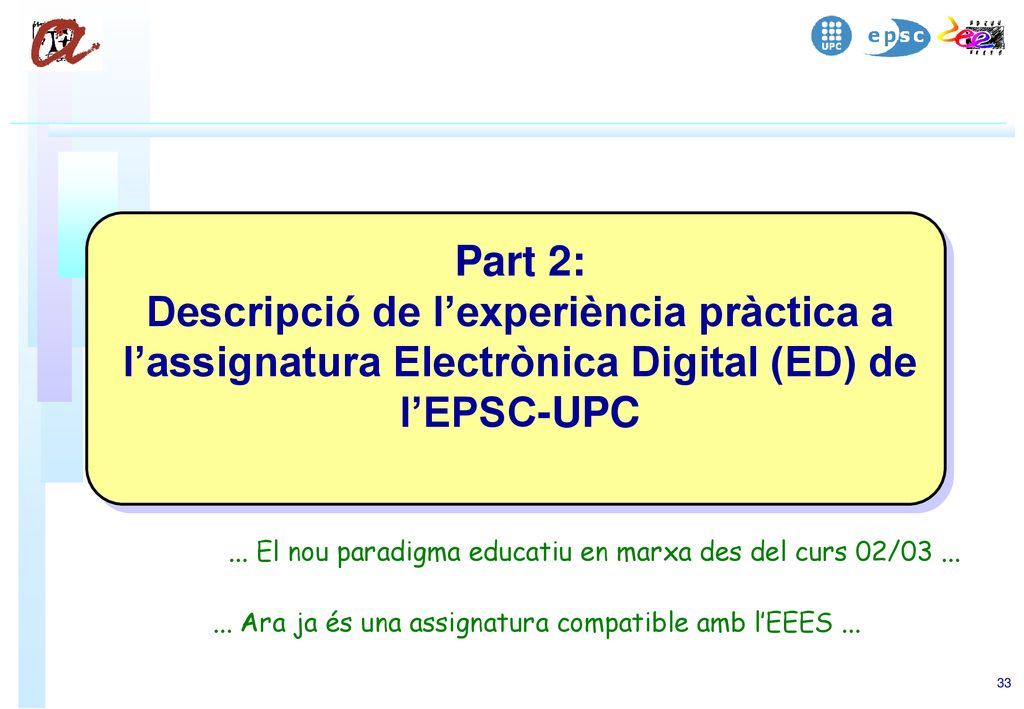Part 2: Descripció de l’experiència pràctica a l’assignatura Electrònica Digital (ED) de l’EPSC-UPC