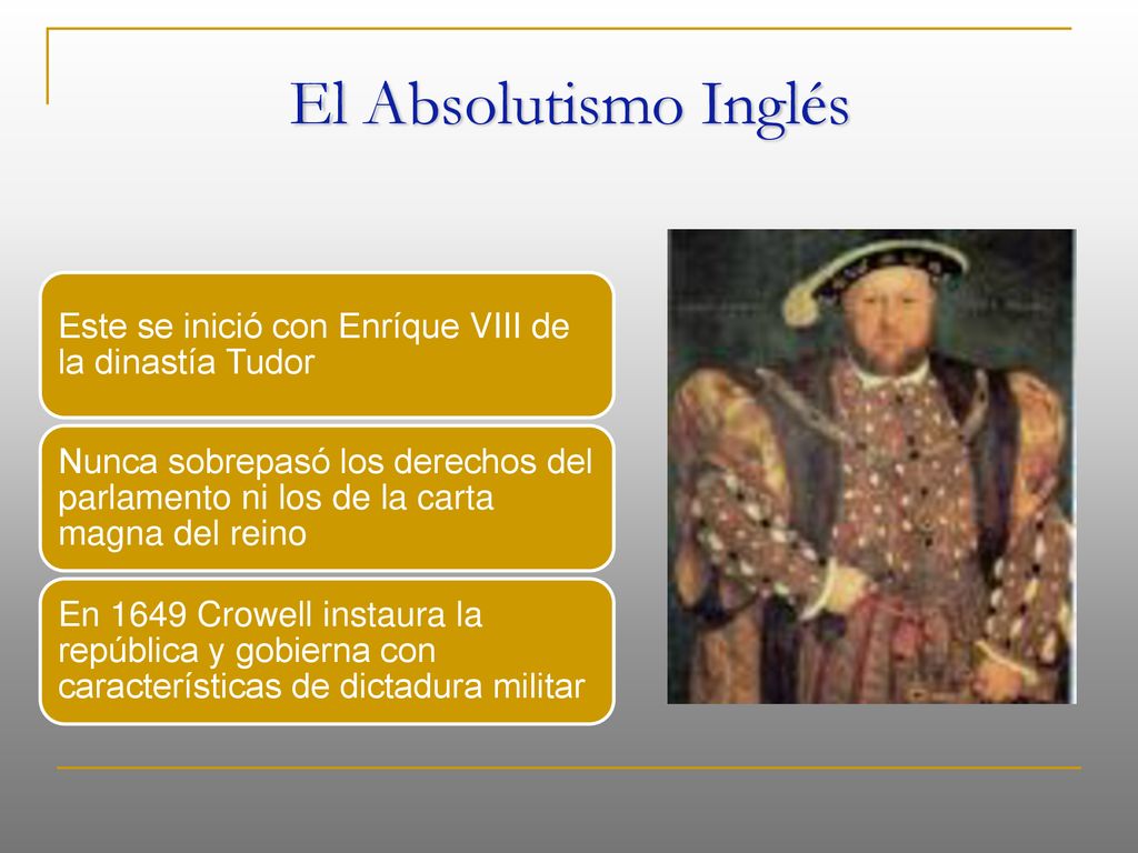 El Absolutismo Inglés Este se inició con Enríque VIII de la dinastía Tudor.