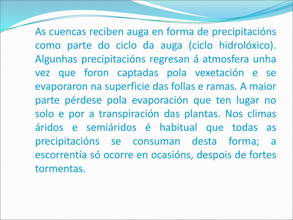 As cuencas reciben auga en forma de precipitacións como parte do ciclo da auga (ciclo hidrolóxico).