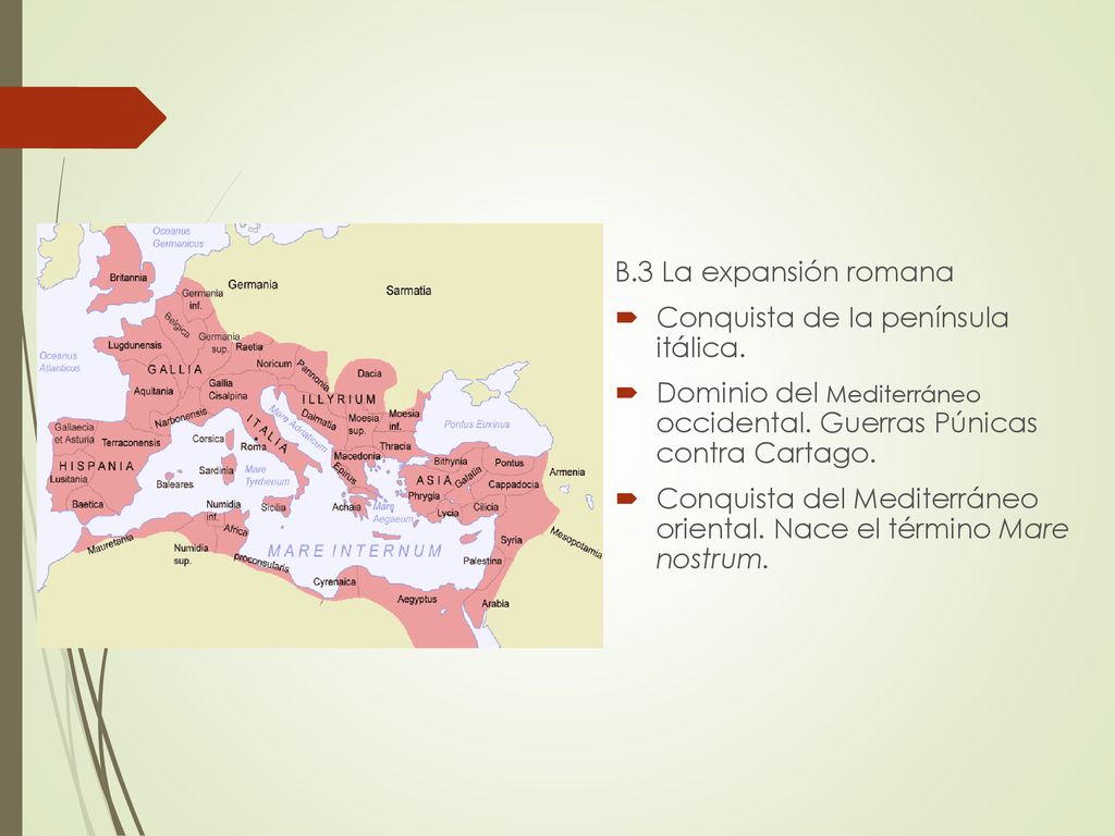 B.3 La expansión romana Conquista de Ia península itálica. Dominio del Mediterráneo occidental. Guerras Púnicas contra Cartago.