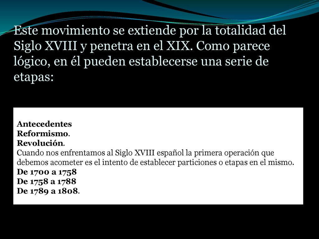 Este movimiento se extiende por la totalidad del Siglo XVIII y penetra en el XIX. Como parece lógico, en él pueden establecerse una serie de etapas: