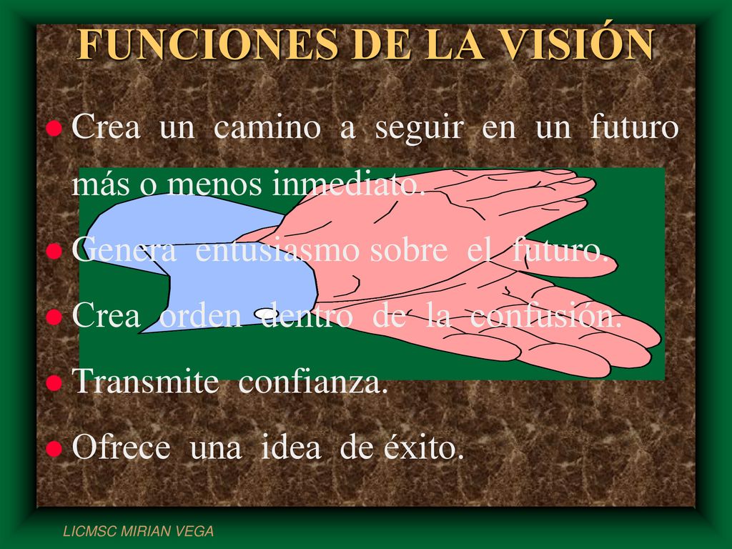 FUNCIONES DE LA VISIÓN Crea un camino a seguir en un futuro más o menos inmediato. Genera entusiasmo sobre el futuro.