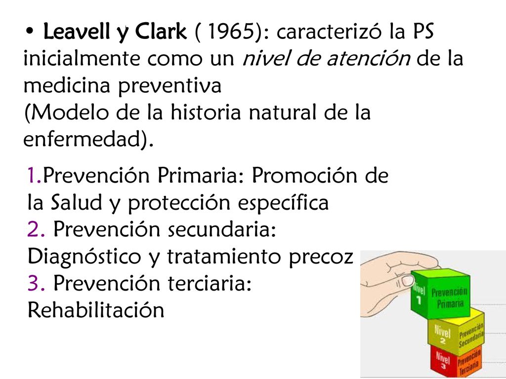Leavell y Clark ( 1965): caracterizó la PS inicialmente como un nivel de atención de la medicina preventiva
