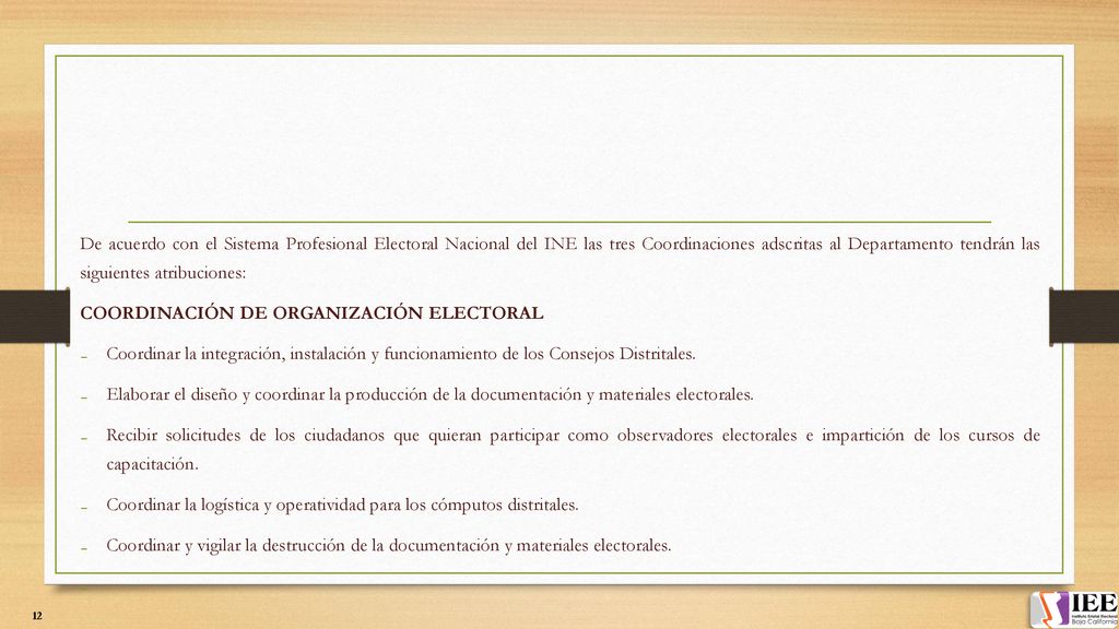 De acuerdo con el Sistema Profesional Electoral Nacional del INE las tres Coordinaciones adscritas al Departamento tendrán las siguientes atribuciones:
